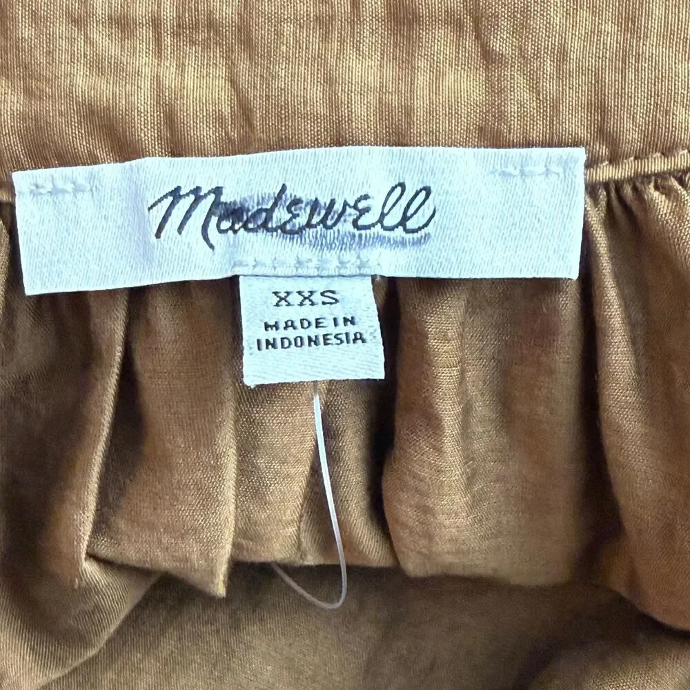MADEWELL Shirred Balloon-Sleeve Top XXS Pecan Shell Button-Up Blouse NWT B99